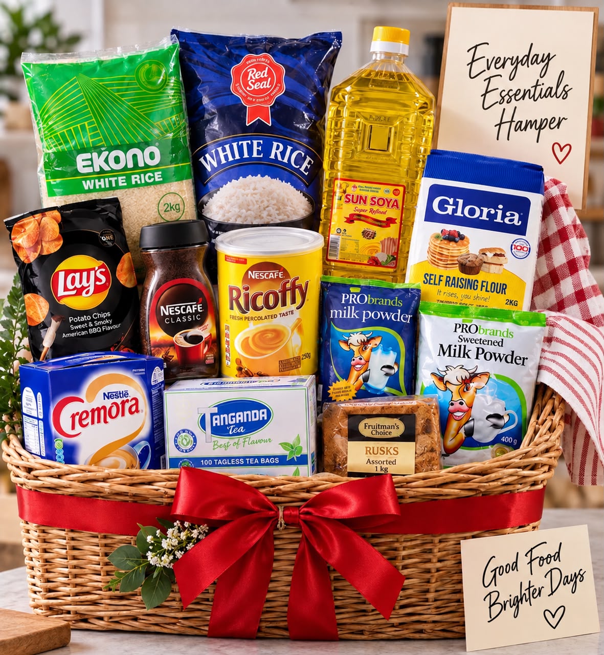 Everyday essentials gift hamper with groceries, tea, coffee and household staples