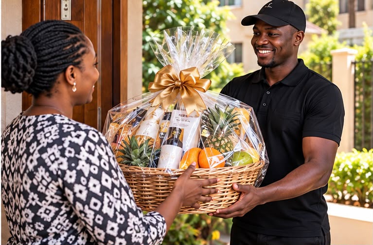 A gift hamper being handed to a recipient at her Zimbabwean home