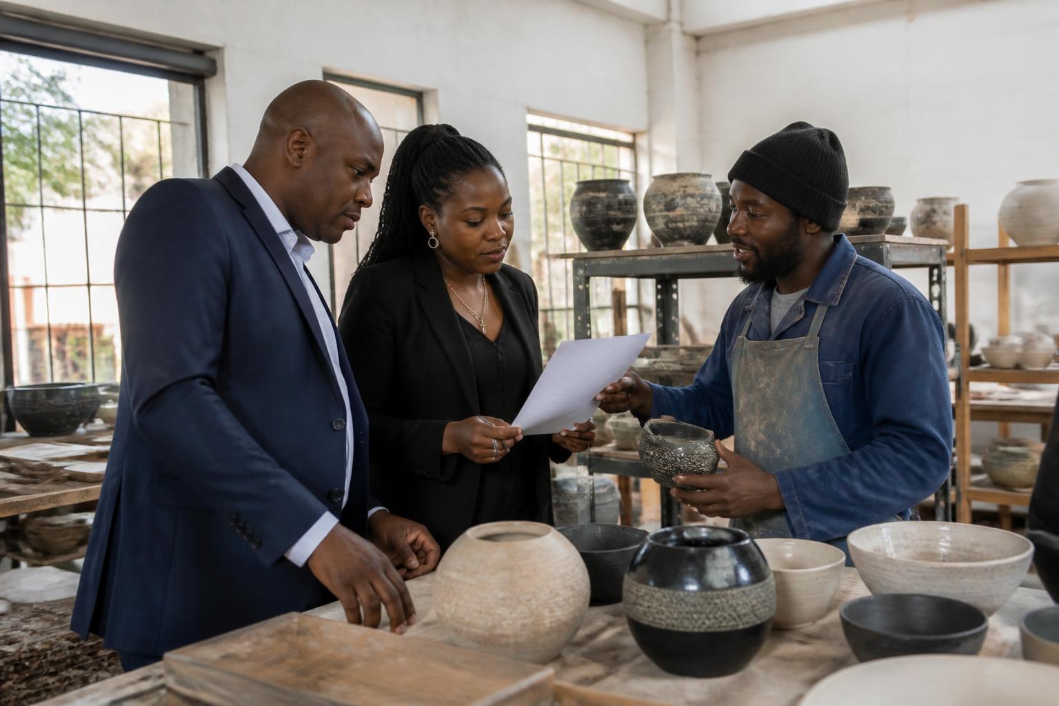Zimbabwean business representatives reviewing goods with a local supplier