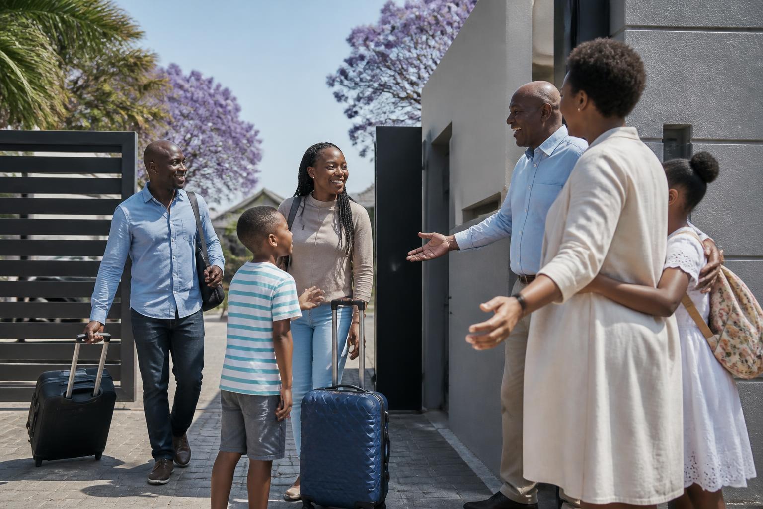 Zimbabwean family arriving home with luggage and a warm welcome